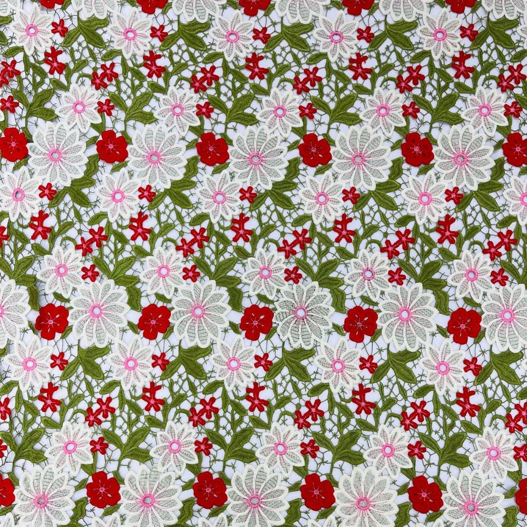 Multi Color Daisy Floral Design - OLIVE/IVORY - Embroidery Guipure Lace Fabric. Fabric For Quinsiañera Dresses -Sold By Yard