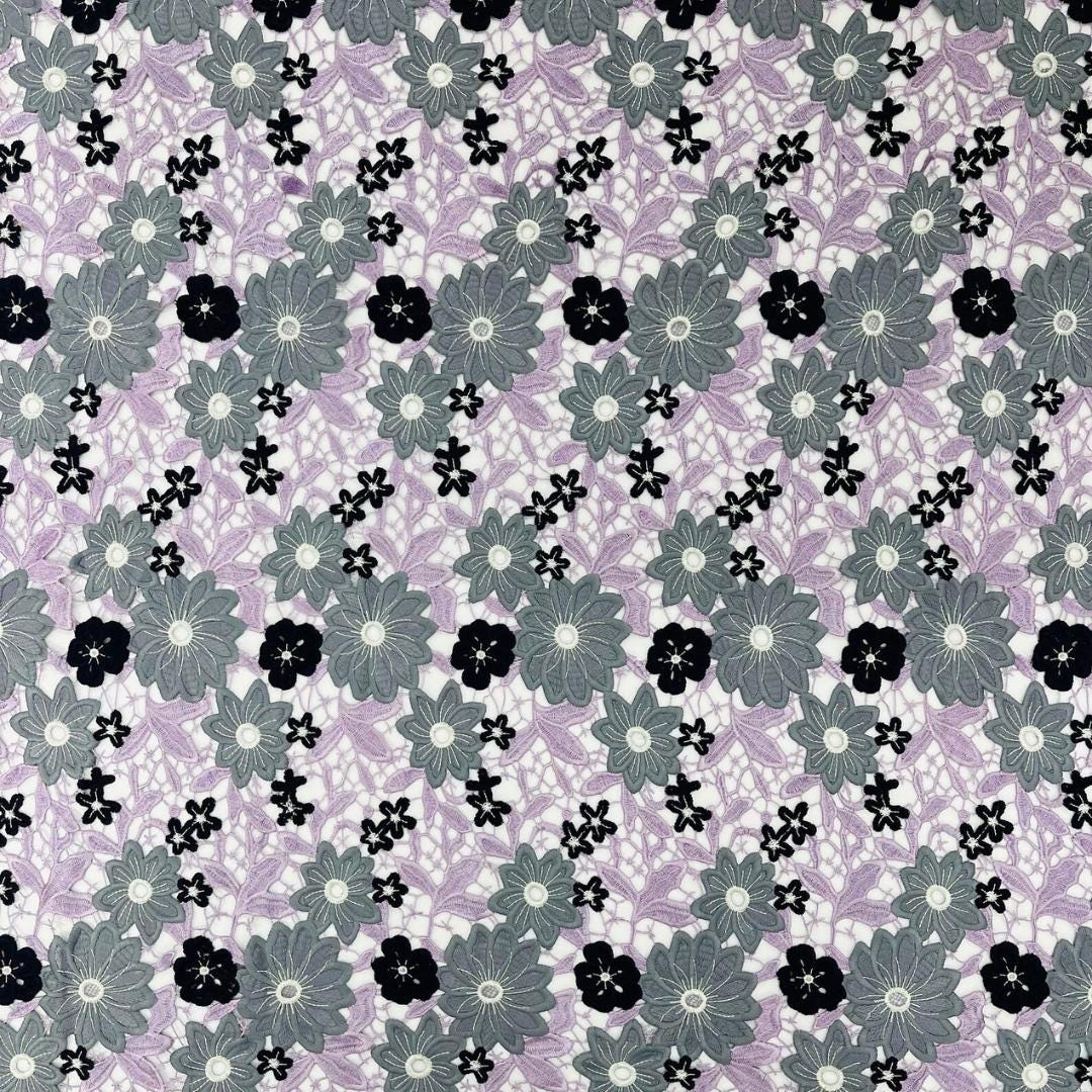 Multi Color Daisy Floral Design - LAVENDER/GRAY - Embroidery Guipure Lace Fabric. Fabric For Quinsiañera Dresses -Sold By Yard