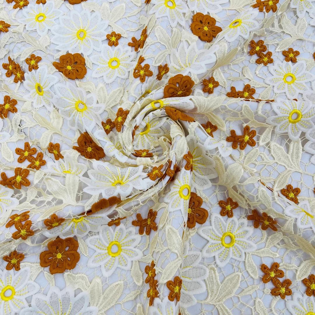 Multi Color Daisy Floral Design - RUST/IVORY - Embroidery Guipure Lace Fabric. Fabric For Quinsiañera Dresses -Sold By Yard