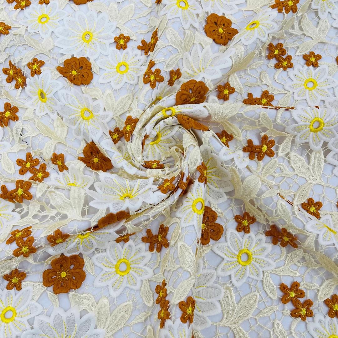Multi Color Daisy Floral Design - RUST/IVORY - Embroidery Guipure Lace Fabric. Fabric For Quinsiañera Dresses -Sold By Yard