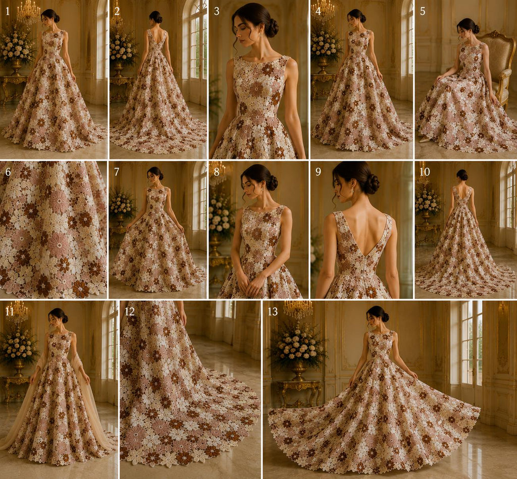 Multi Color Daisy Floral Design - BROWN/IVORY - Embroidery Guipure Lace Fabric. Fabric For Quinsiañera Dresses -Sold By Yard