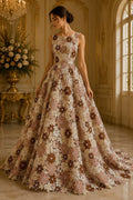 Multi Color Daisy Floral Design - BROWN/IVORY - Embroidery Guipure Lace Fabric. Fabric For Quinsiañera Dresses -Sold By Yard