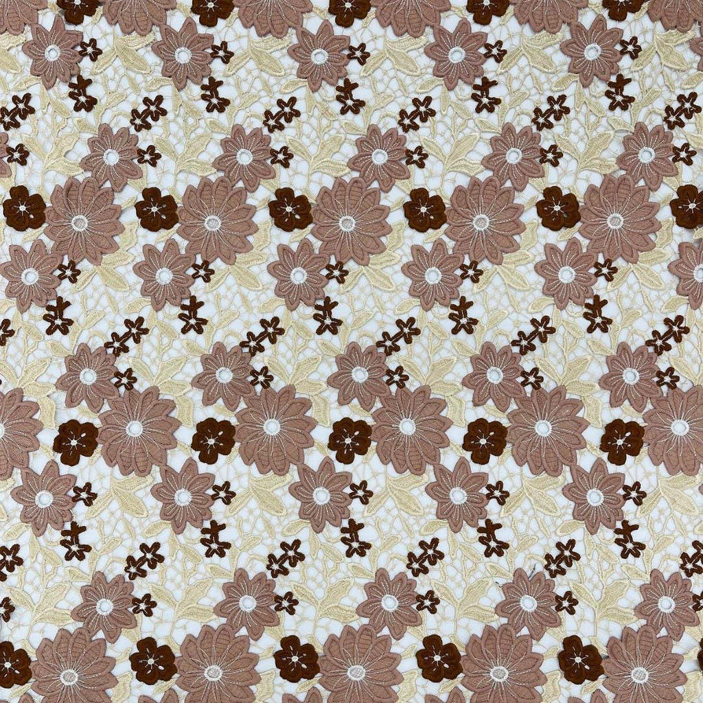 Multi Color Daisy Floral Design - BROWN/IVORY - Embroidery Guipure Lace Fabric. Fabric For Quinsiañera Dresses -Sold By Yard