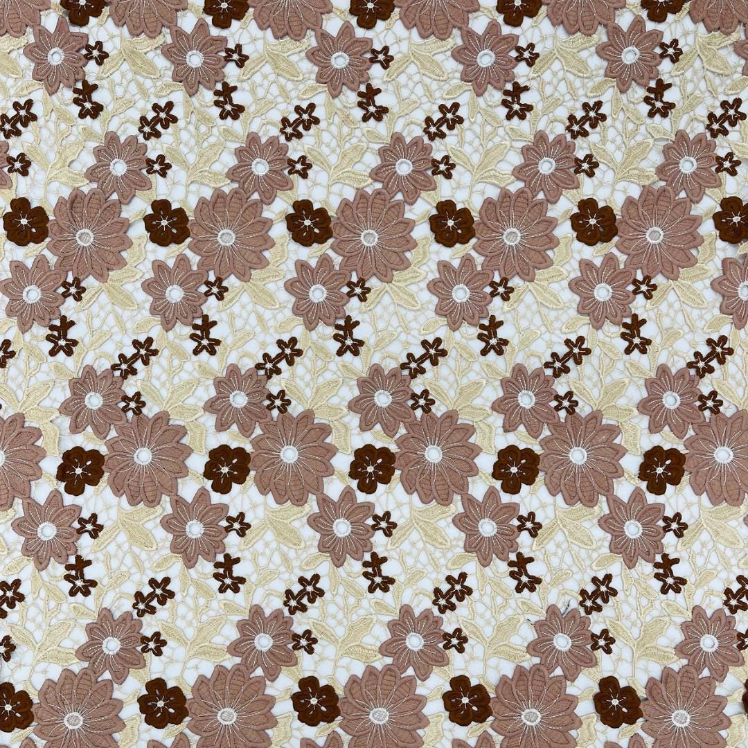 Multi Color Daisy Floral Design - BROWN/IVORY - Embroidery Guipure Lace Fabric. Fabric For Quinsiañera Dresses -Sold By Yard