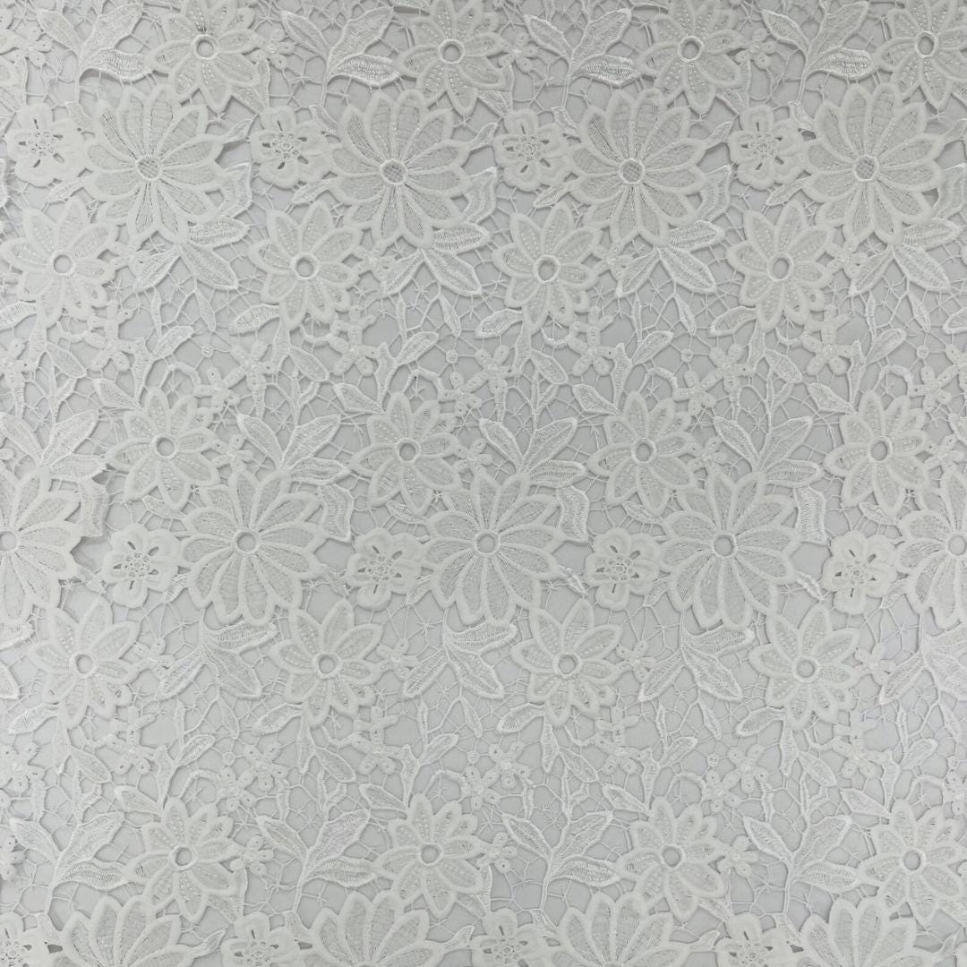 Daisy Floral Design - WHITE - Embroidery Guipure Lace Fabric. Fabric For Quinsiañera Dresses -Sold By Yard