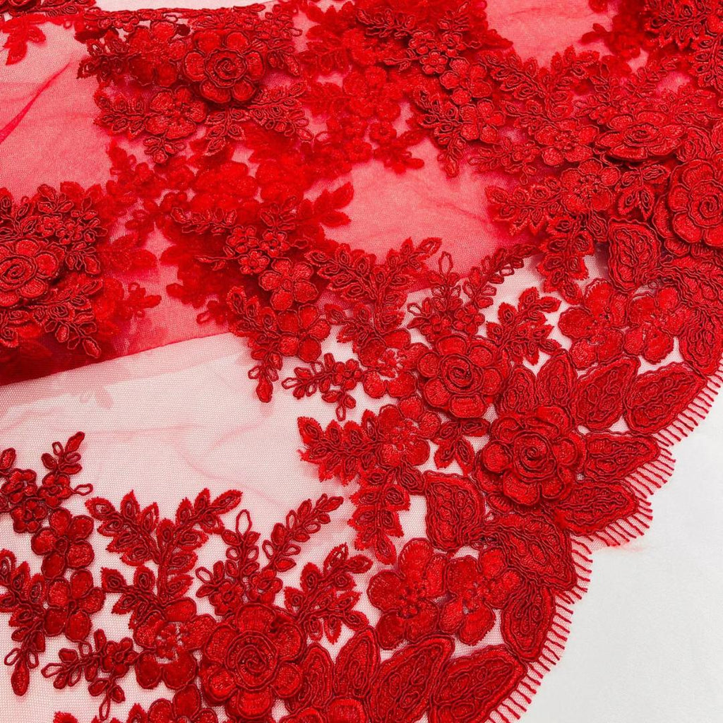 3D Floral Lace Fabric - RED -  3D Floral Corded Mesh Fabric Lace - Fabric For Quinsiañera Dresses - Prom Dress Sold By Yard
