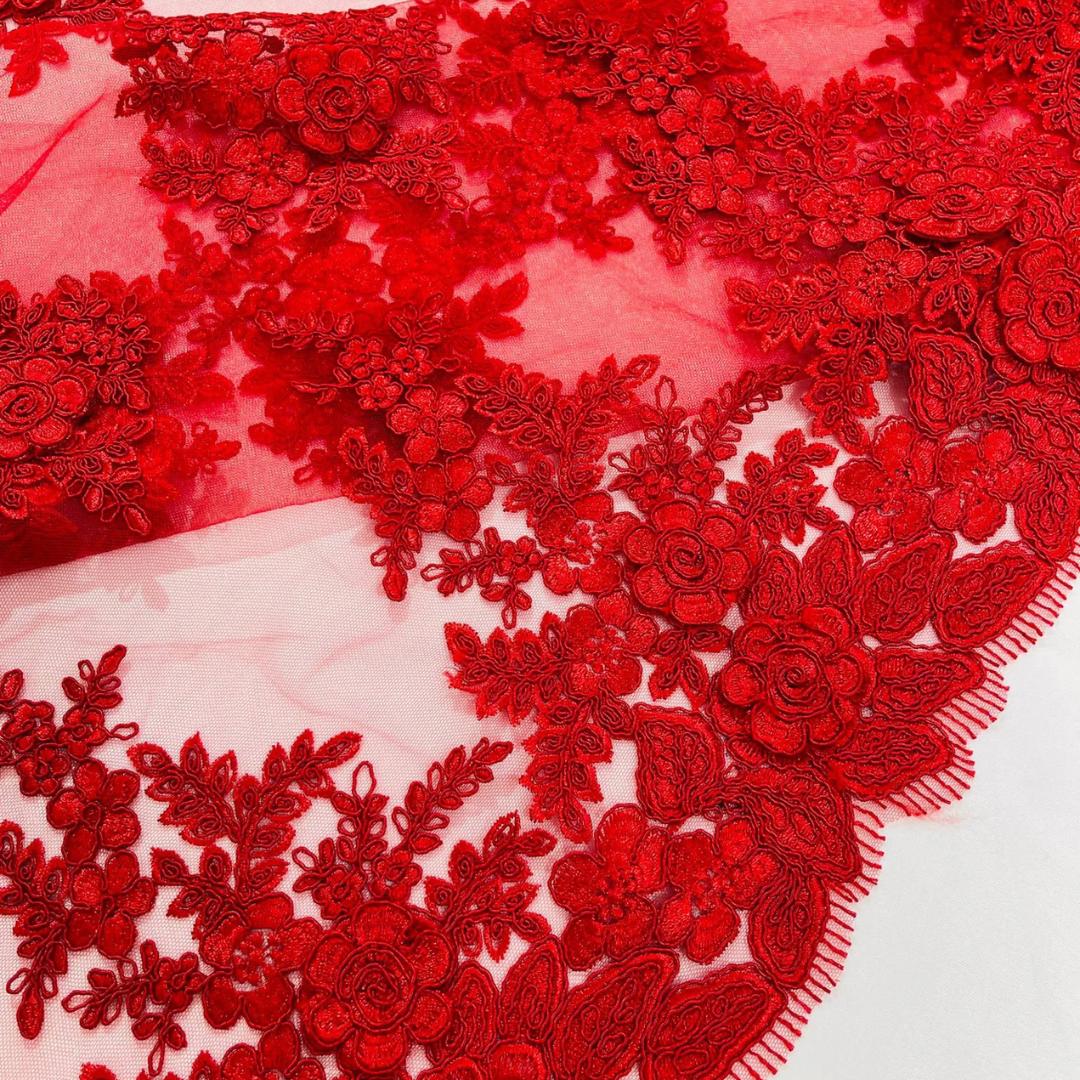 3D Floral Lace Fabric - RED -  3D Floral Corded Mesh Fabric Lace - Fabric For Quinsiañera Dresses - Prom Dress Sold By Yard