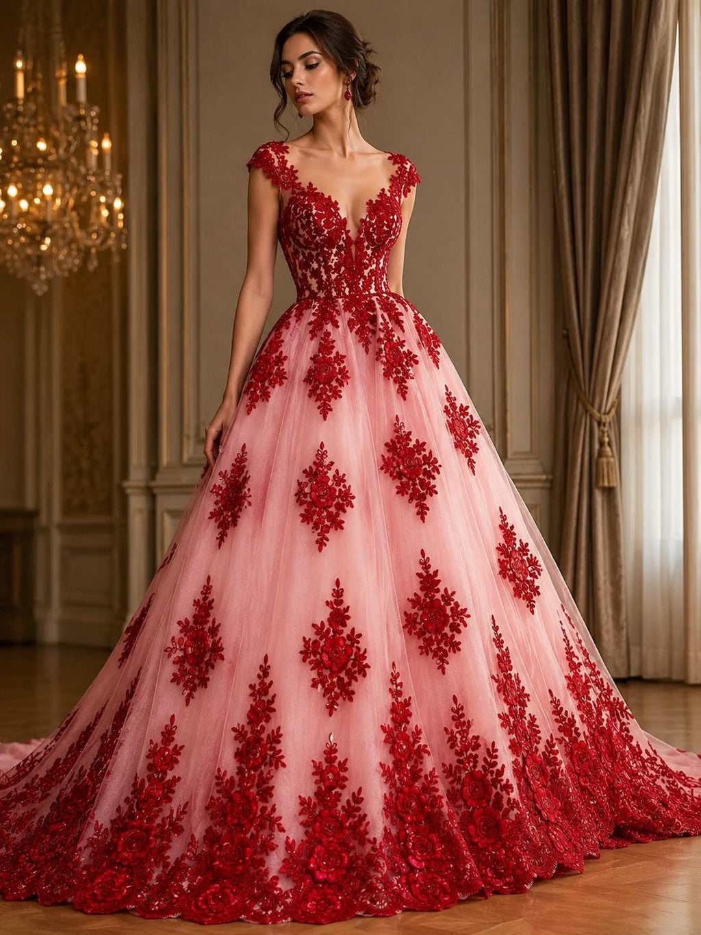 3D Floral Lace Fabric - RED -  3D Floral Corded Mesh Fabric Lace - Fabric For Quinsiañera Dresses - Prom Dress Sold By Yard