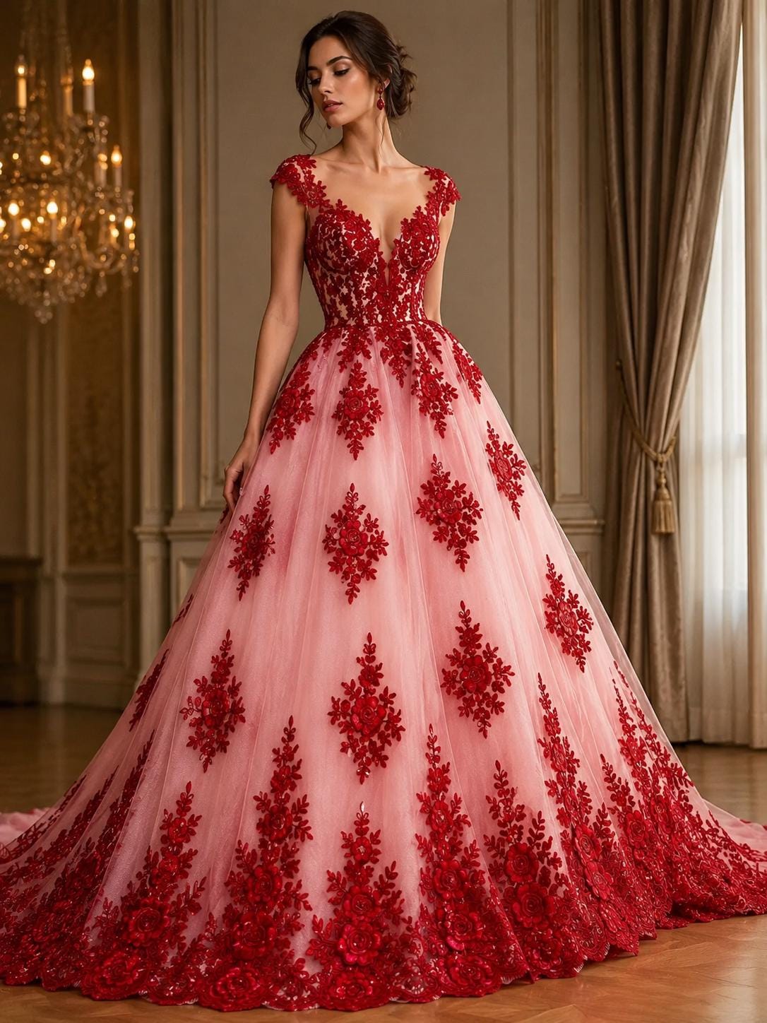3D Floral Lace Fabric - RED -  3D Floral Corded Mesh Fabric Lace - Fabric For Quinsiañera Dresses - Prom Dress Sold By Yard