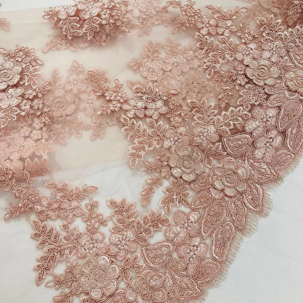 3D Floral Lace Fabric - BLUSH PINK -  3D Floral Corded Mesh Fabric Lace - Fabric For Quinsiañera Dresses - Prom Dress Sold By Yard