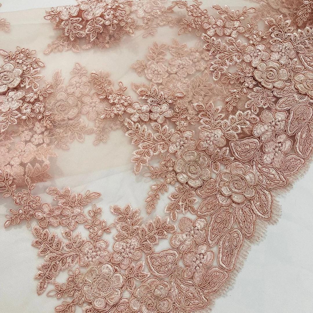 3D Floral Lace Fabric - BLUSH PINK -  3D Floral Corded Mesh Fabric Lace - Fabric For Quinsiañera Dresses - Prom Dress Sold By Yard