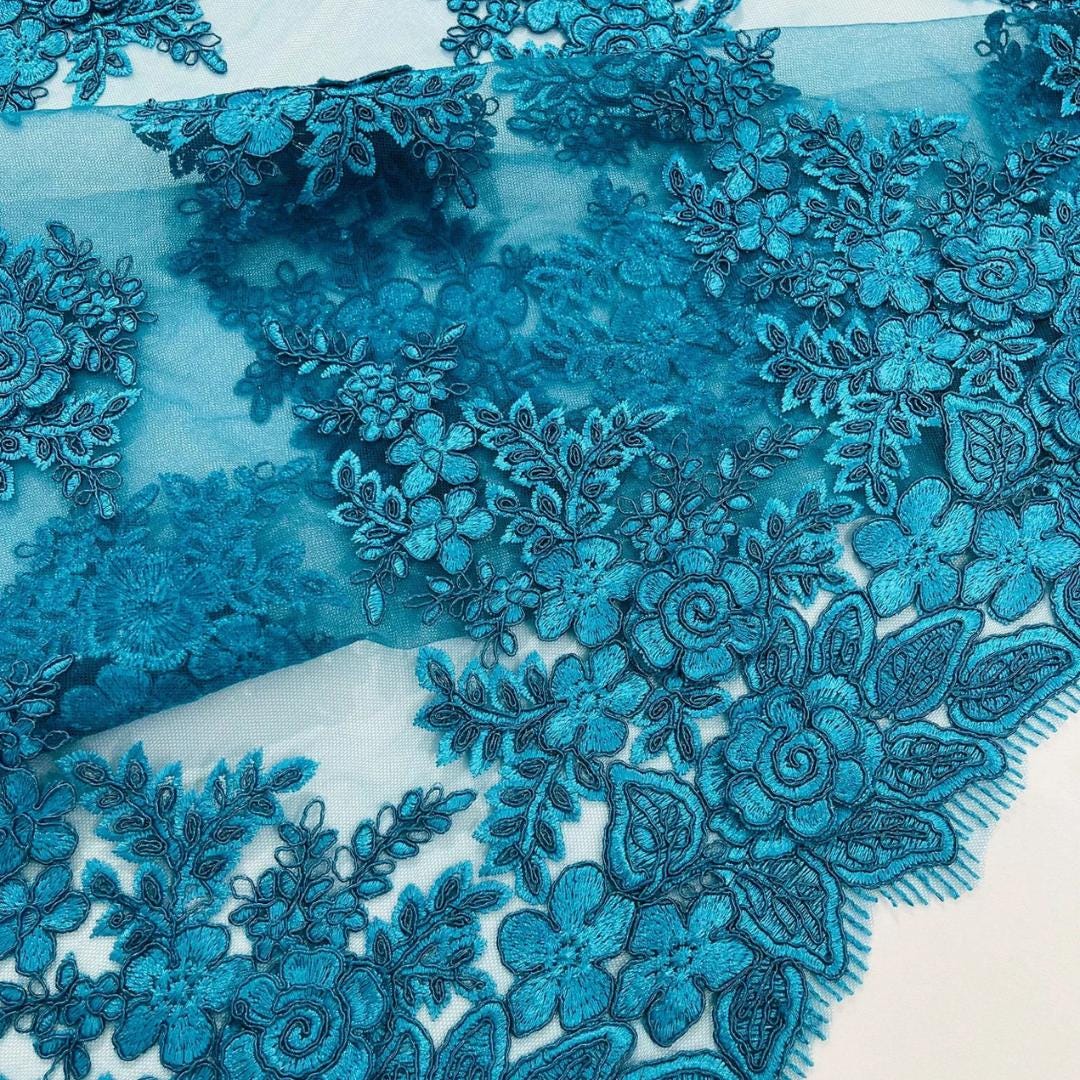 3D Floral Lace Fabric - TURQUOISE -  3D Floral Corded Mesh Fabric Lace - Fabric For Quinsiañera Dresses - Prom Dress Sold By Yard
