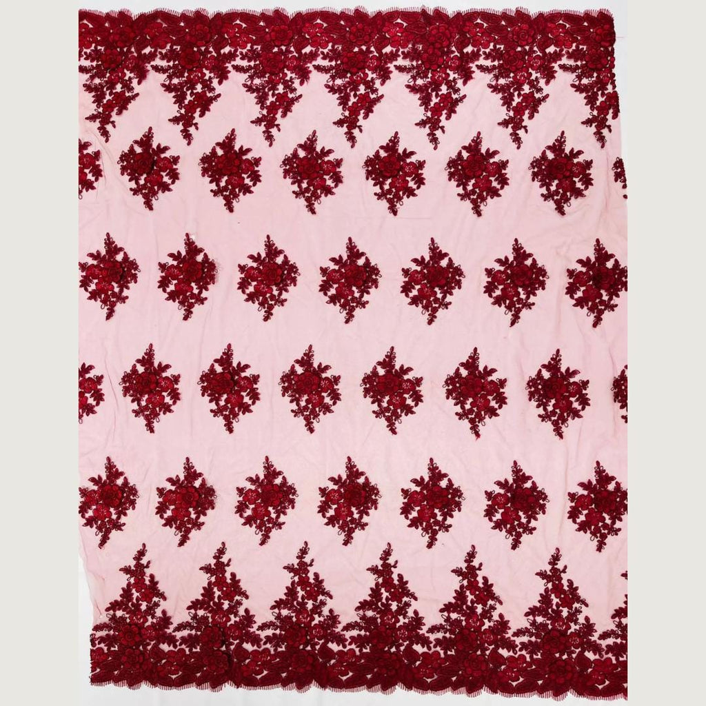 3D Floral Lace Fabric - BURGUNDY -  3D Floral Corded Mesh Fabric Lace - Fabric For Quinsiañera Dresses - Prom Dress Sold By Yard