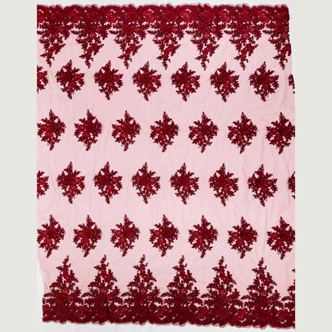3D Floral Lace Fabric - BURGUNDY -  3D Floral Corded Mesh Fabric Lace - Fabric For Quinsiañera Dresses - Prom Dress Sold By Yard