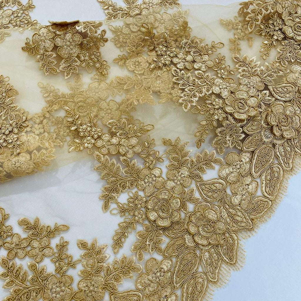 3D Floral Lace Fabric - GOLD -  3D Floral Corded Mesh Fabric Lace - Fabric For Quinsiañera Dresses - Prom Dress Sold By Yard