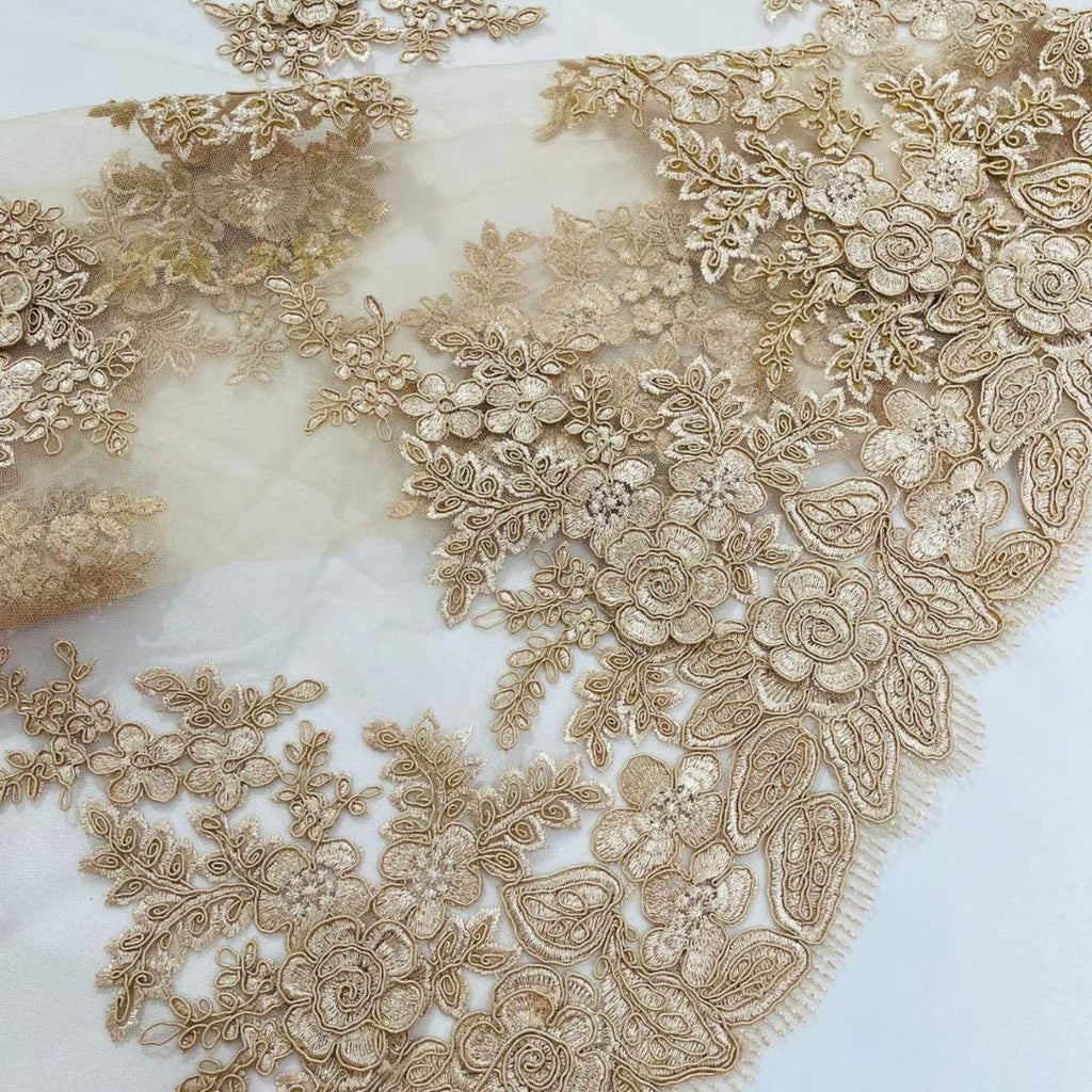 3D Floral Lace Fabric - CHAMPAGNE -  3D Floral Corded Mesh Fabric Lace - Fabric For Quinsiañera Dresses - Prom Dress Sold By Yard