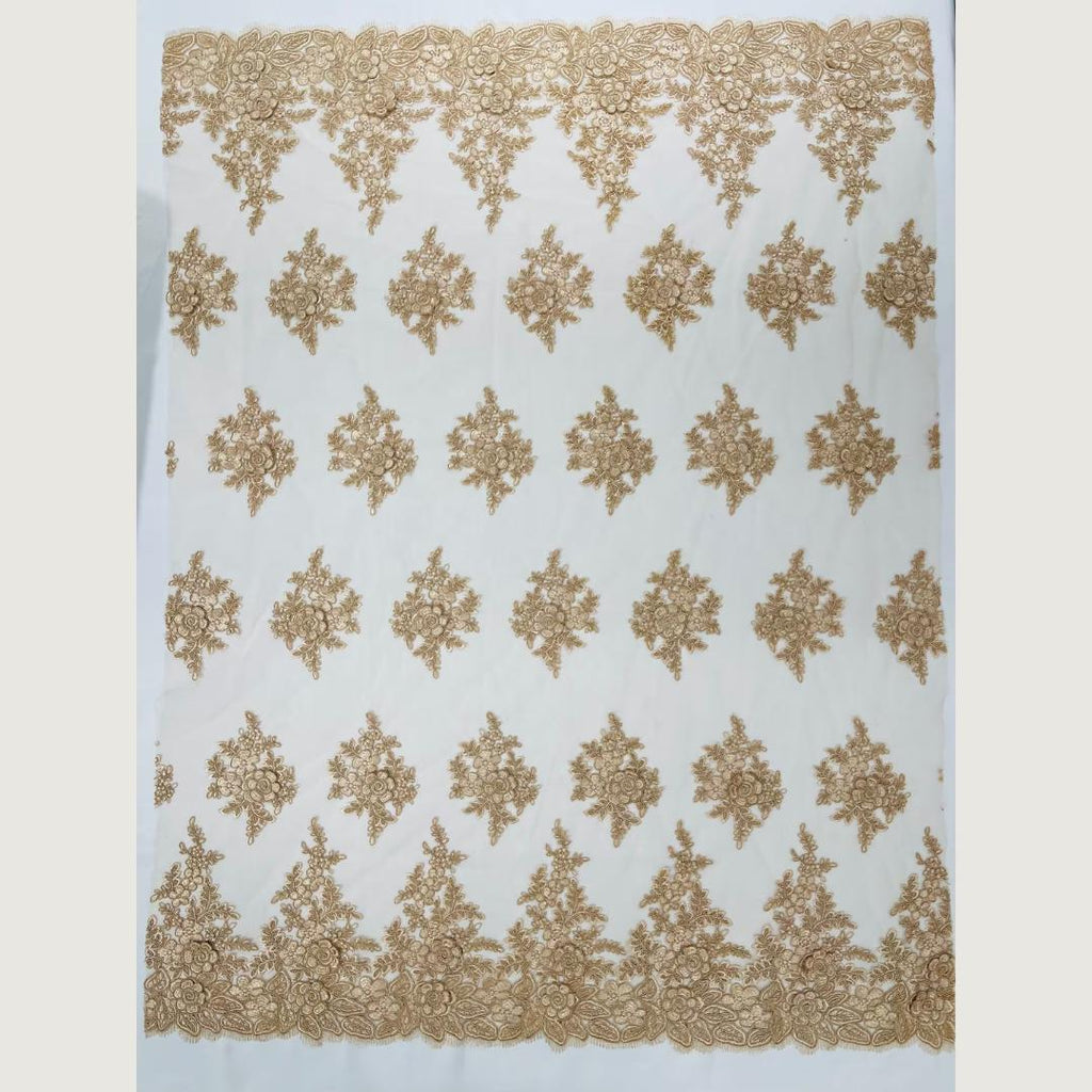3D Floral Lace Fabric - CHAMPAGNE -  3D Floral Corded Mesh Fabric Lace - Fabric For Quinsiañera Dresses - Prom Dress Sold By Yard