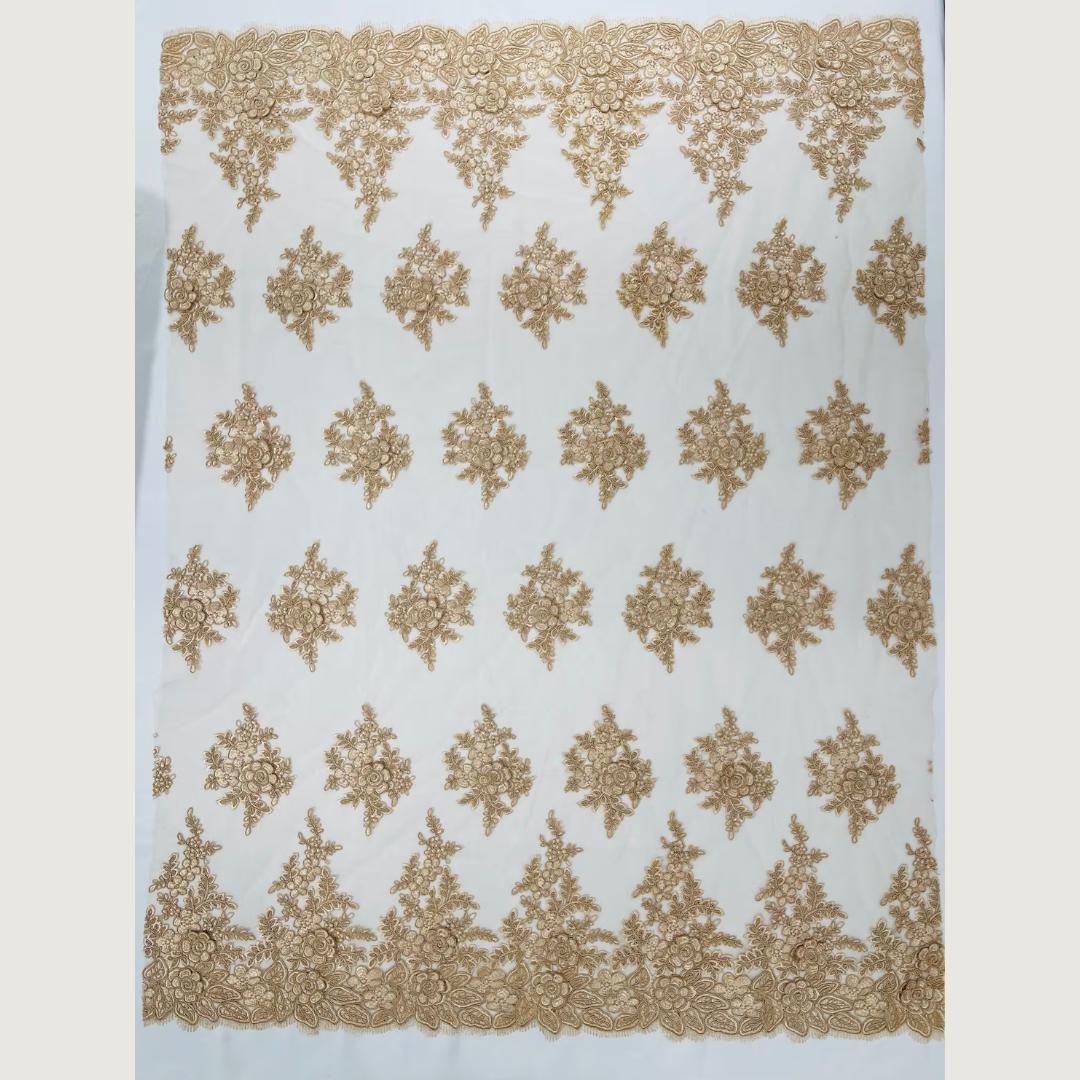 3D Floral Lace Fabric - CHAMPAGNE -  3D Floral Corded Mesh Fabric Lace - Fabric For Quinsiañera Dresses - Prom Dress Sold By Yard