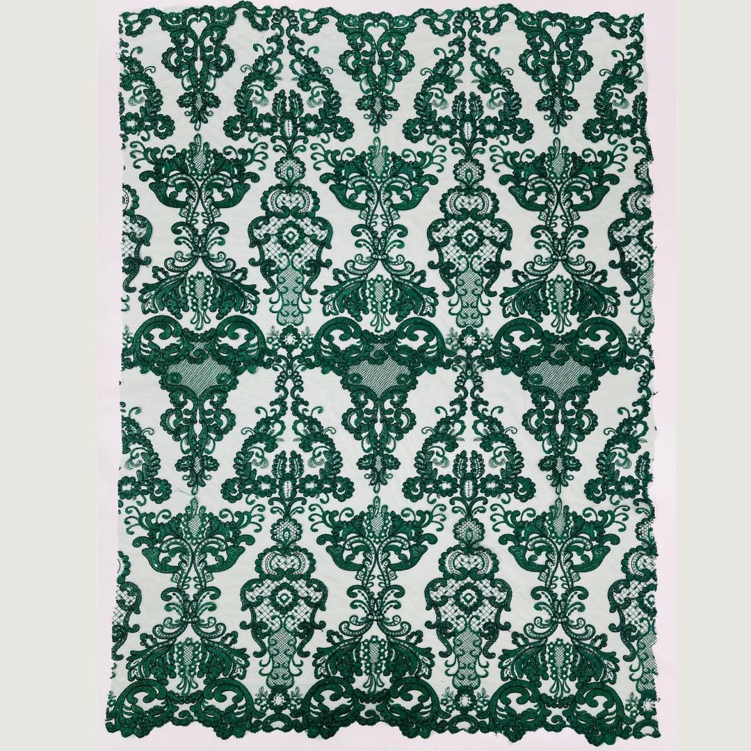 Embroidery Damask Design - HUNTER - With Sequins On A Mesh Lace Fabric - Fabric For Quinsiañera Dresses - Prom Dress Sold By Yard