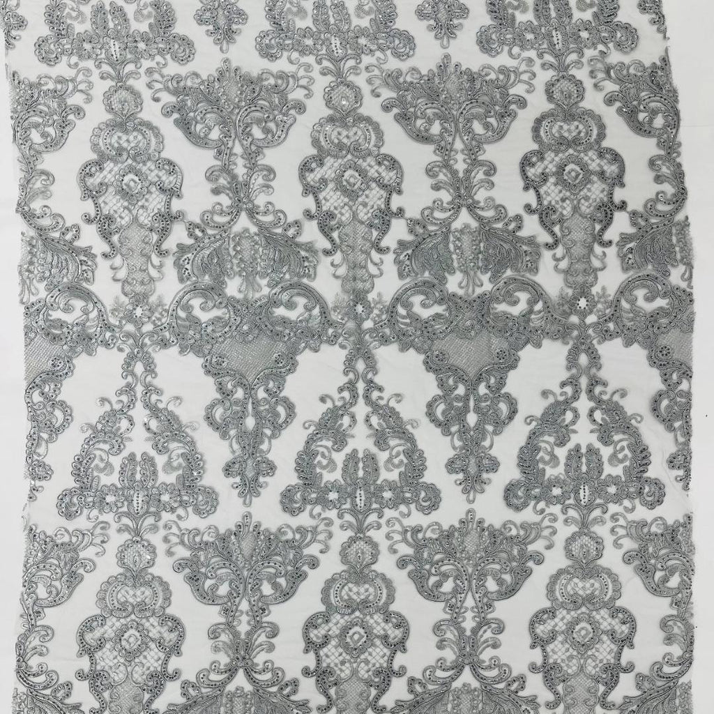Embroidery Damask Design - SILVER - With Sequins On A Mesh Lace Fabric - Fabric For Quinsiañera Dresses - Prom Dress Sold By Yard