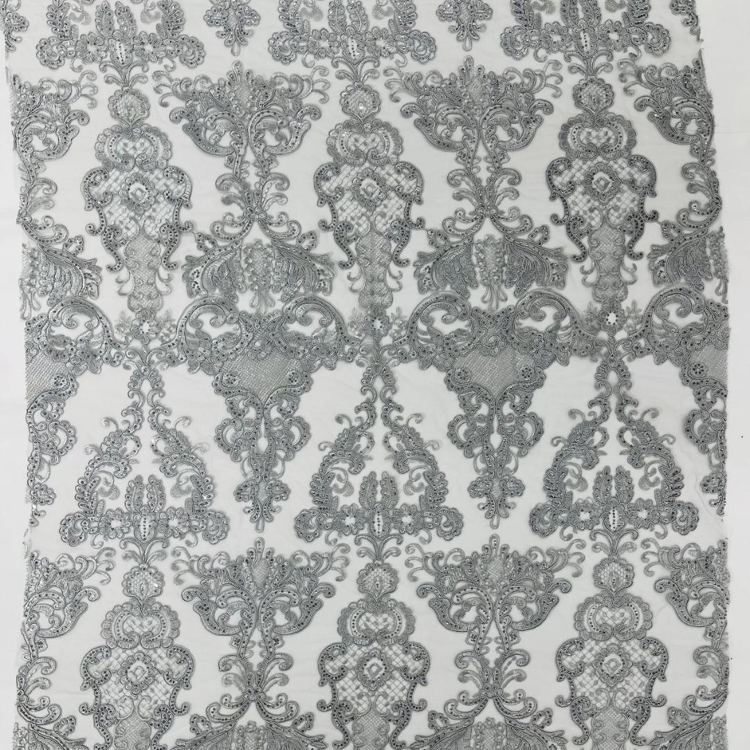 Embroidery Damask Design - SILVER - With Sequins On A Mesh Lace Fabric - Fabric For Quinsiañera Dresses - Prom Dress Sold By Yard
