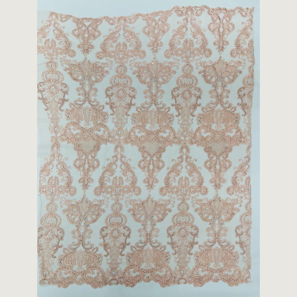 Embroidery Damask Design - BLUSH - With Sequins On A Mesh Lace Fabric - Fabric For Quinsiañera Dresses - Prom Dress Sold By Yard