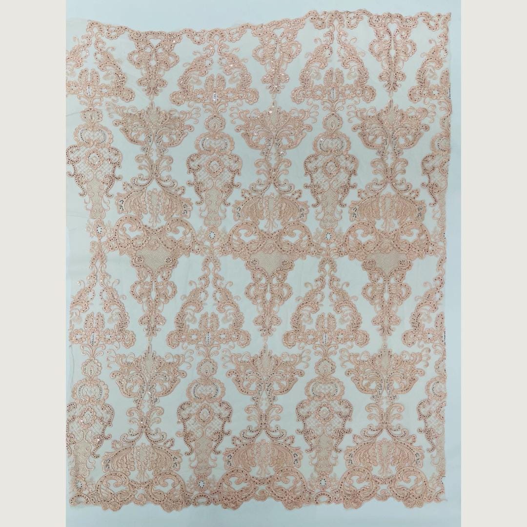 Embroidery Damask Design - BLUSH - With Sequins On A Mesh Lace Fabric - Fabric For Quinsiañera Dresses - Prom Dress Sold By Yard