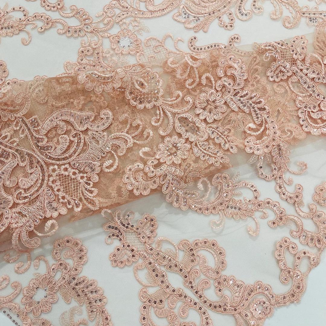 Embroidery Damask Design - BLUSH - With Sequins On A Mesh Lace Fabric - Fabric For Quinsiañera Dresses - Prom Dress Sold By Yard