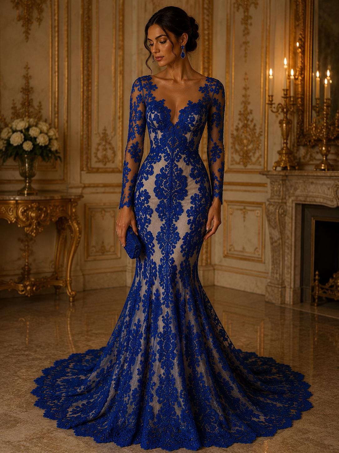 Embroidery Damask Design - ROYAL - With Sequins On A Mesh Lace Fabric - Fabric For Quinsiañera Dresses - Prom Dress Sold By Yard