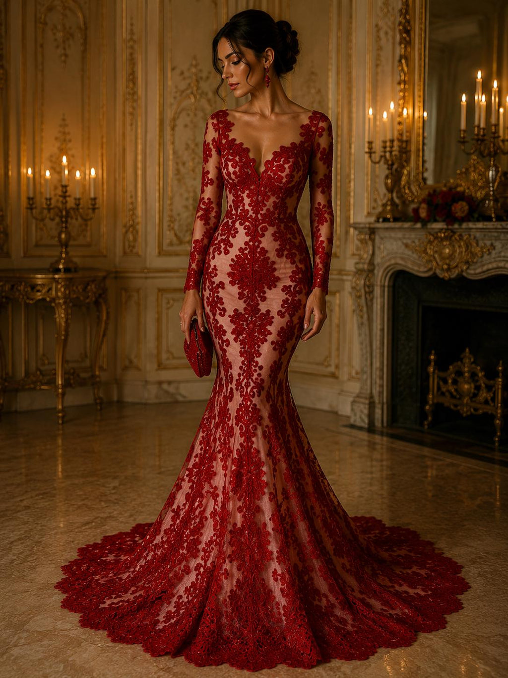 Embroidery Damask Design - RED - With Sequins On A Mesh Lace Fabric - Fabric For Quinsiañera Dresses - Prom Dress Sold By Yard