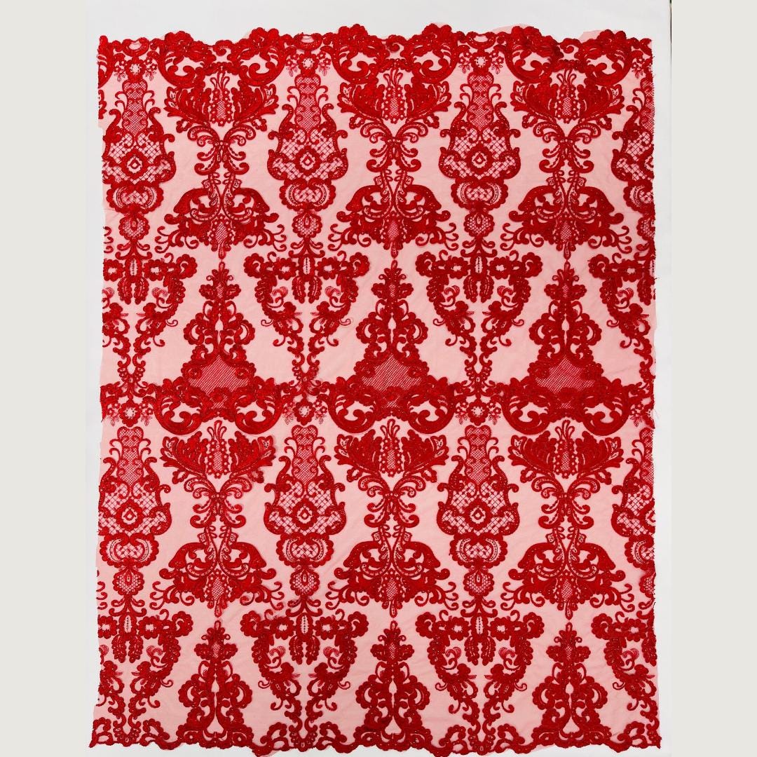 Embroidery Damask Design - RED - With Sequins On A Mesh Lace Fabric - Fabric For Quinsiañera Dresses - Prom Dress Sold By Yard