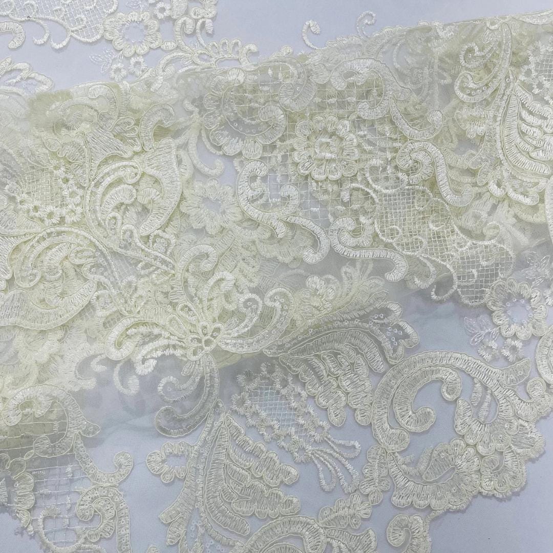 Embroidery Damask Design - IVORY - With Sequins On A Mesh Lace Fabric - Fabric For Quinsiañera Dresses - Prom Dress Sold By Yard