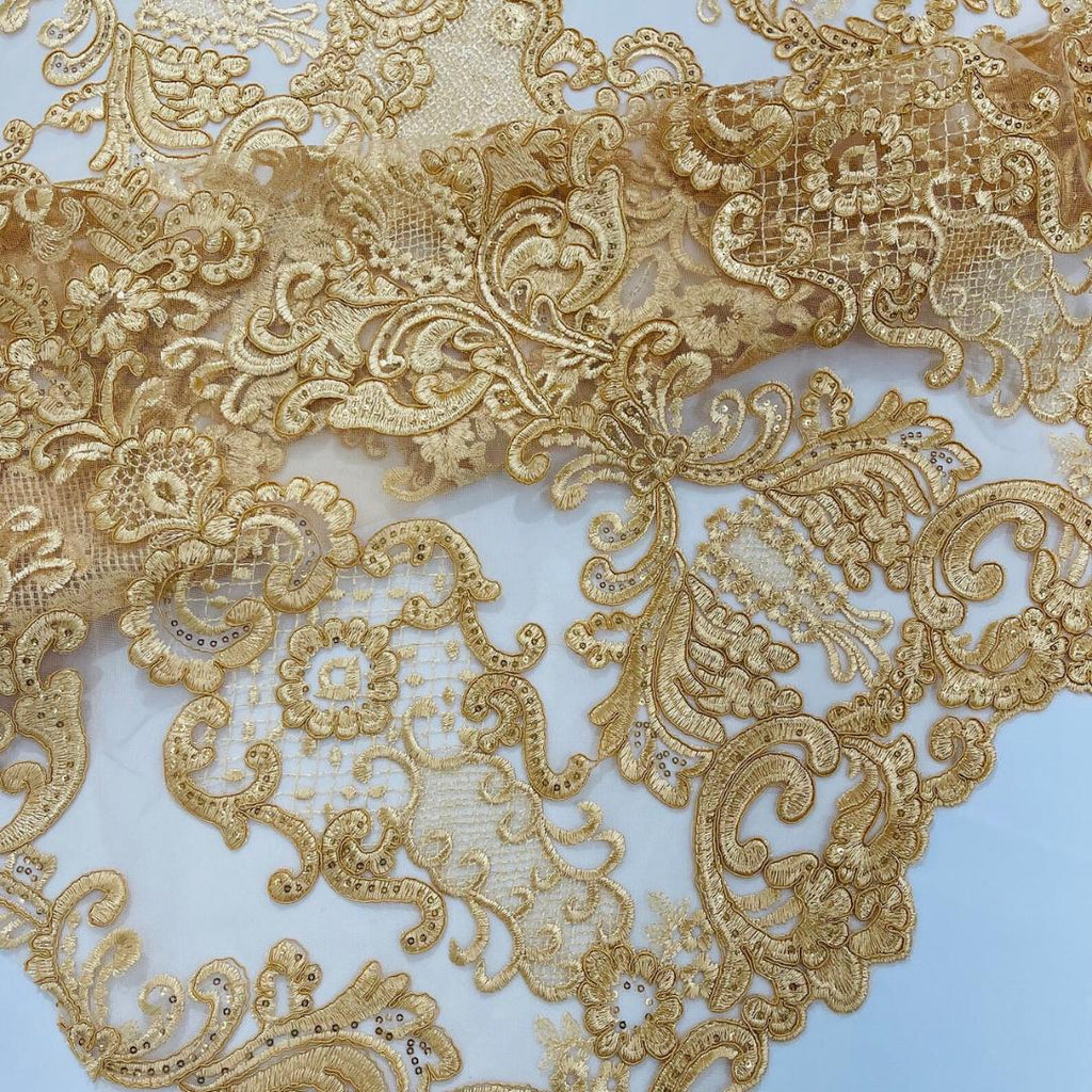 Embroidery Damask Design - GOLD - With Sequins On A Mesh Lace Fabric - Fabric For Quinsiañera Dresses - Prom Dress Sold By Yard