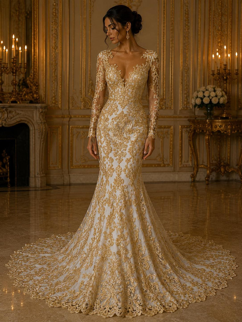 Embroidery Damask Design - GOLD - With Sequins On A Mesh Lace Fabric - Fabric For Quinsiañera Dresses - Prom Dress Sold By Yard