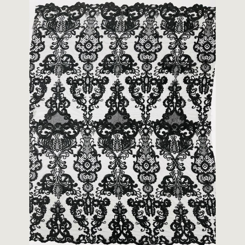 Embroidery Damask Design - BLACK - With Sequins On A Mesh Lace Fabric - Fabric For Quinsiañera Dresses - Prom Dress Sold By Yard