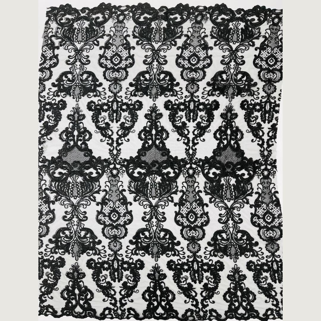 Embroidery Damask Design - BLACK - With Sequins On A Mesh Lace Fabric - Fabric For Quinsiañera Dresses - Prom Dress Sold By Yard
