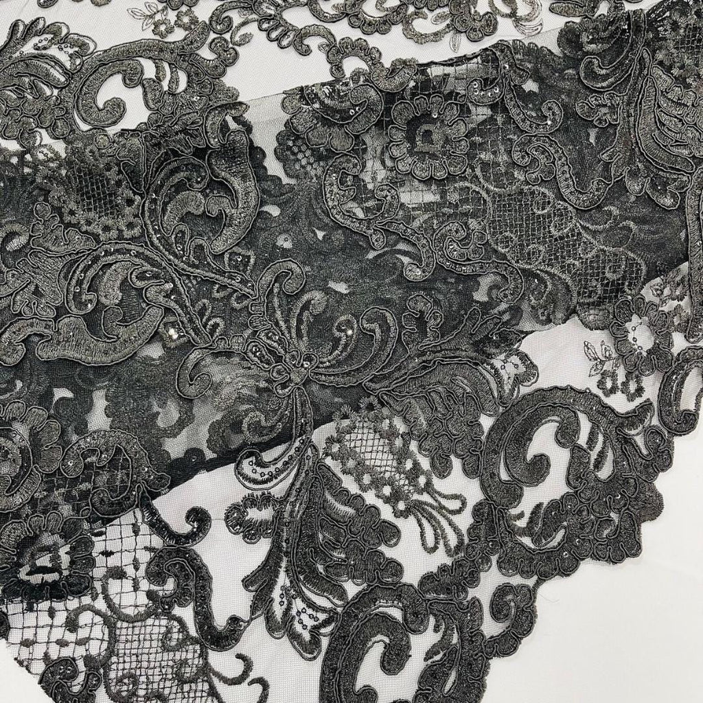 Embroidery Damask Design - BLACK - With Sequins On A Mesh Lace Fabric - Fabric For Quinsiañera Dresses - Prom Dress Sold By Yard