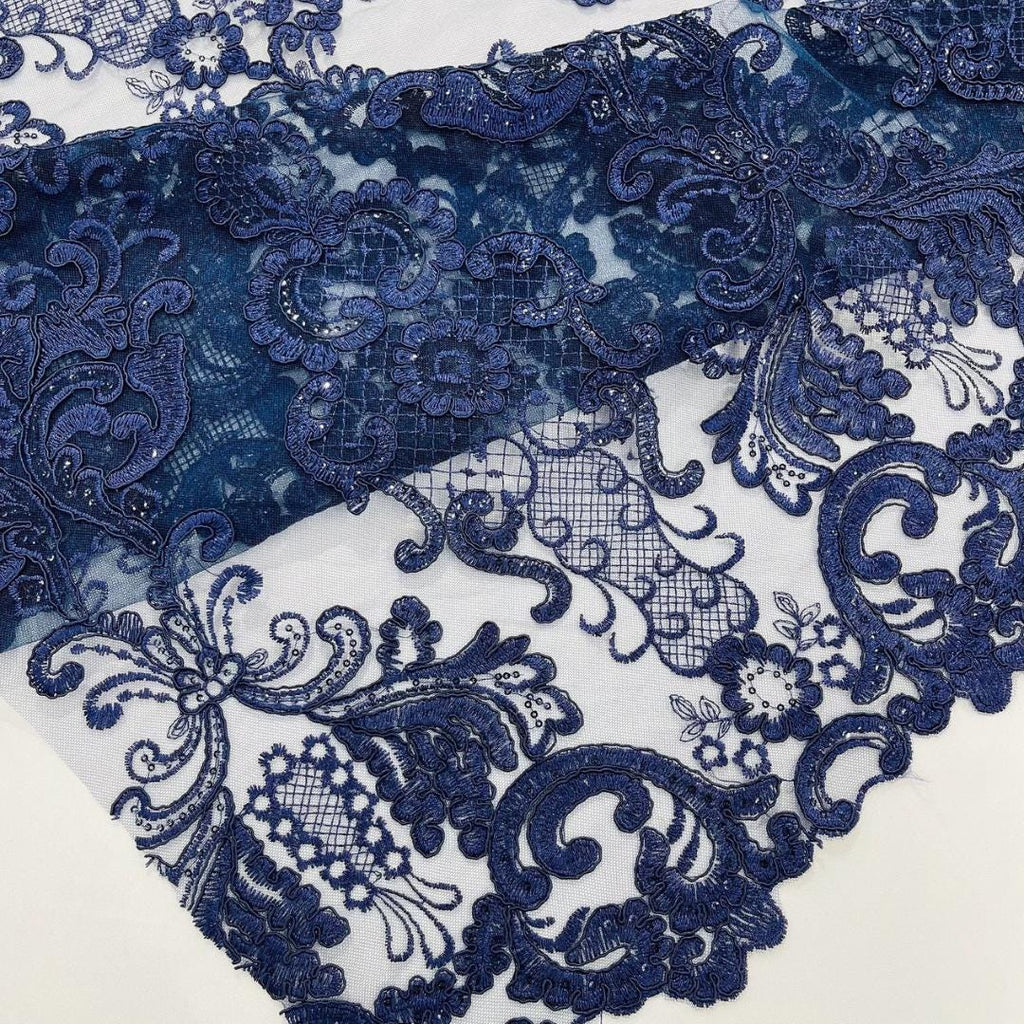 Embroidery Damask Design - NAVY - With Sequins On A Mesh Lace Fabric - Fabric For Quinsiañera Dresses - Prom Dress Sold By Yard