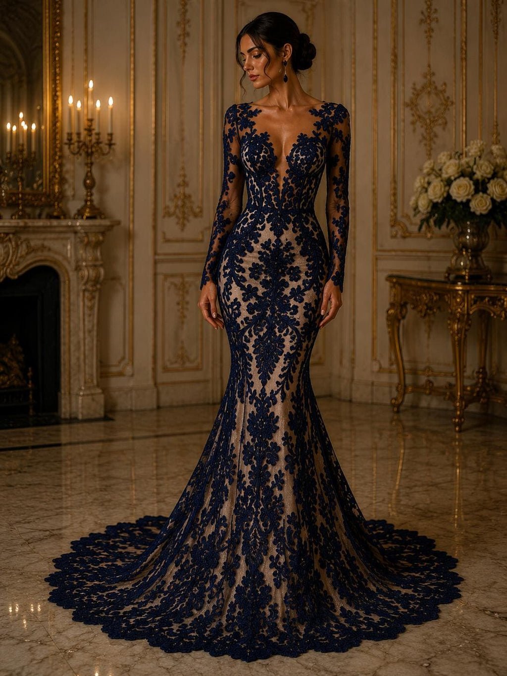 Embroidery Damask Design - NAVY - With Sequins On A Mesh Lace Fabric - Fabric For Quinsiañera Dresses - Prom Dress Sold By Yard
