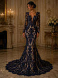 Embroidery Damask Design - NAVY - With Sequins On A Mesh Lace Fabric - Fabric For Quinsiañera Dresses - Prom Dress Sold By Yard
