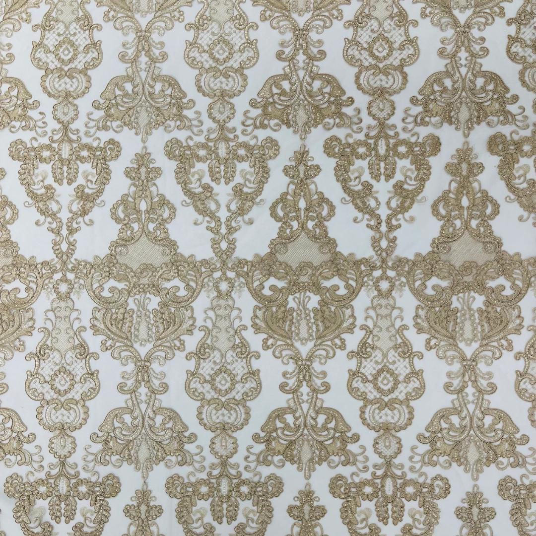 Embroidery Damask Design - CHAMPAGNE - With Sequins On A Mesh Lace Fabric - Fabric For Quinsiañera Dresses - Prom Dress Sold By Yard