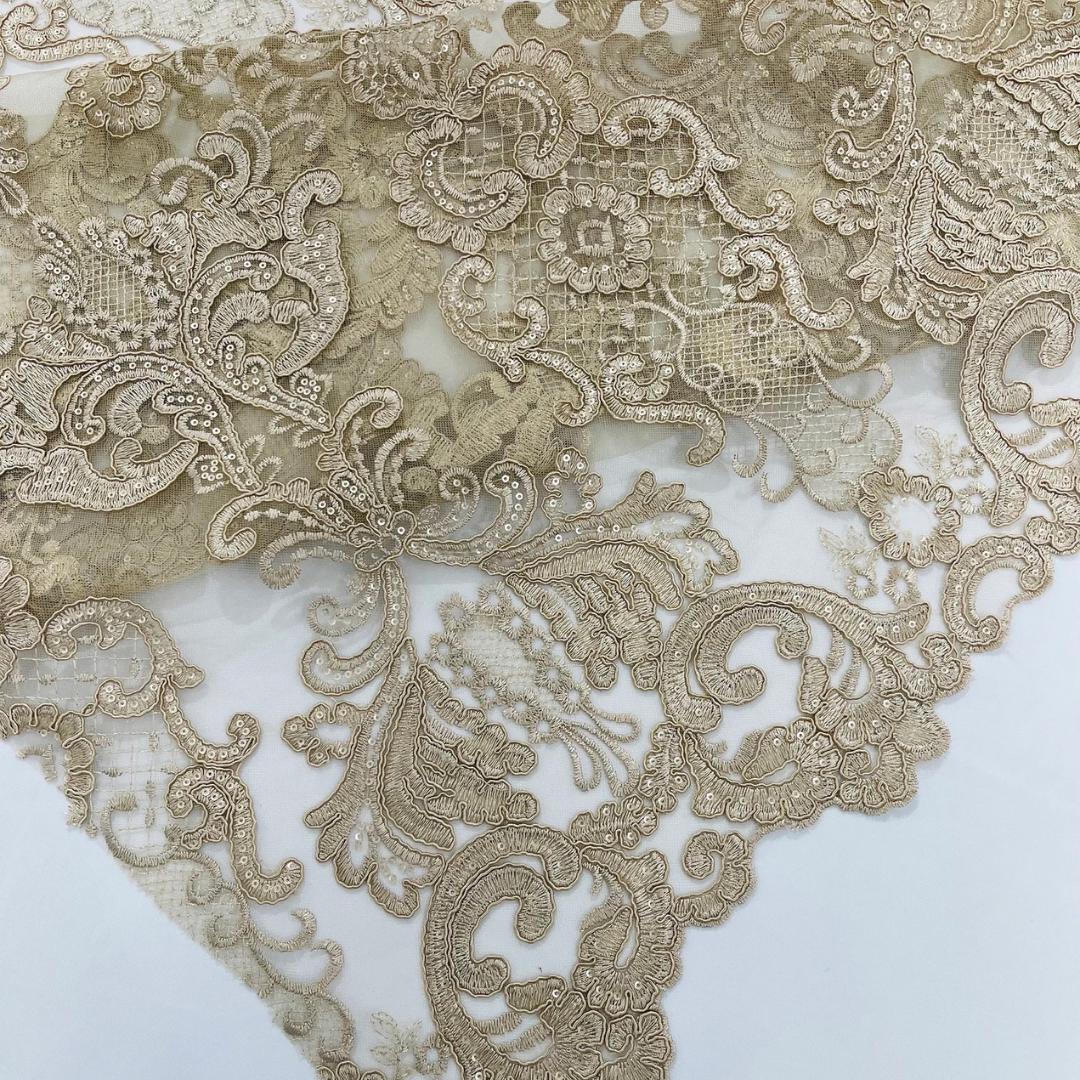 Embroidery Damask Design - CHAMPAGNE - With Sequins On A Mesh Lace Fabric - Fabric For Quinsiañera Dresses - Prom Dress Sold By Yard