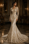 Embroidery Damask Design - CHAMPAGNE - With Sequins On A Mesh Lace Fabric - Fabric For Quinsiañera Dresses - Prom Dress Sold By Yard
