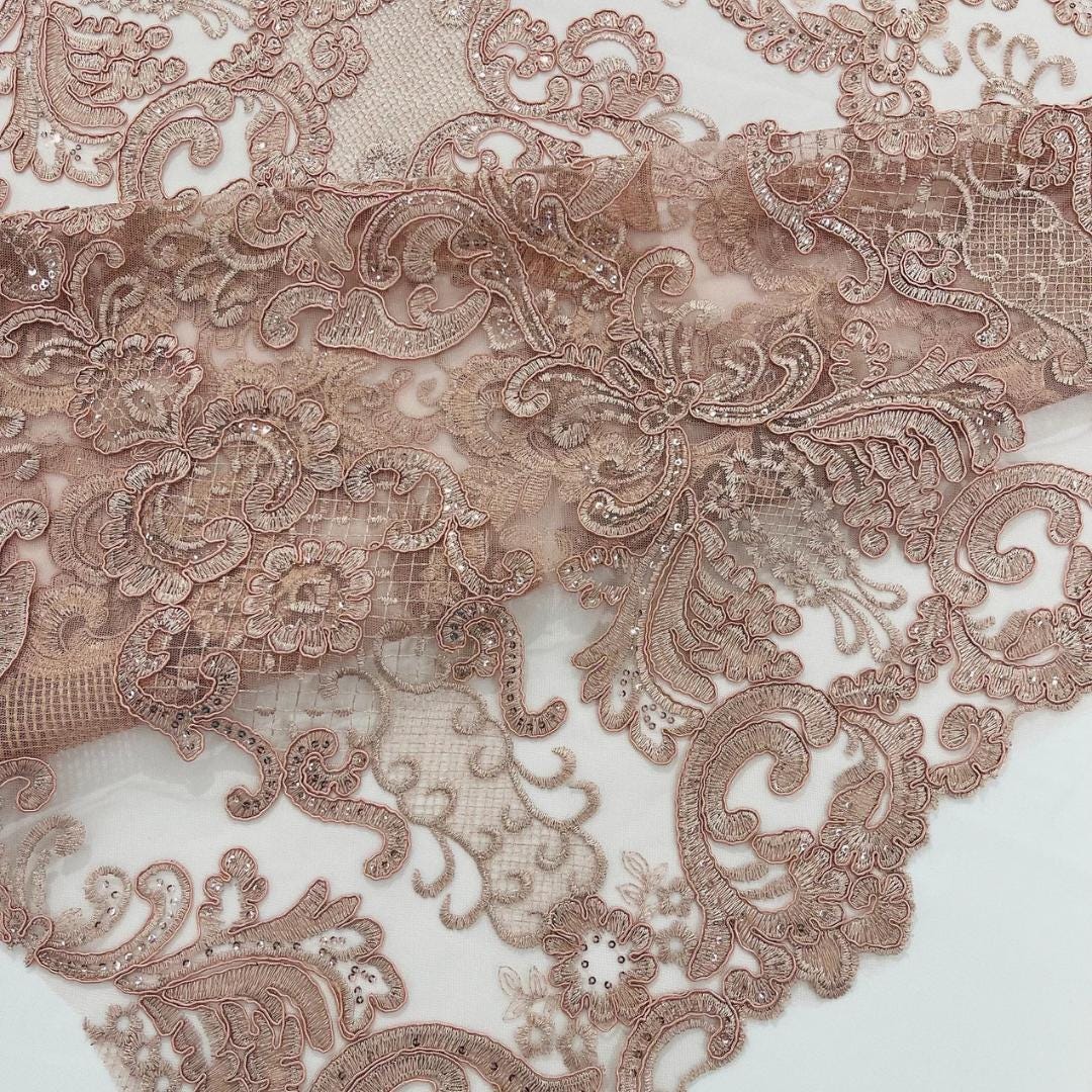 Embroidery Damask Design - DUSTY ROSE - With Sequins On A Mesh Lace Fabric - Fabric For Quinsiañera Dresses - Prom Dress Sold By Yard