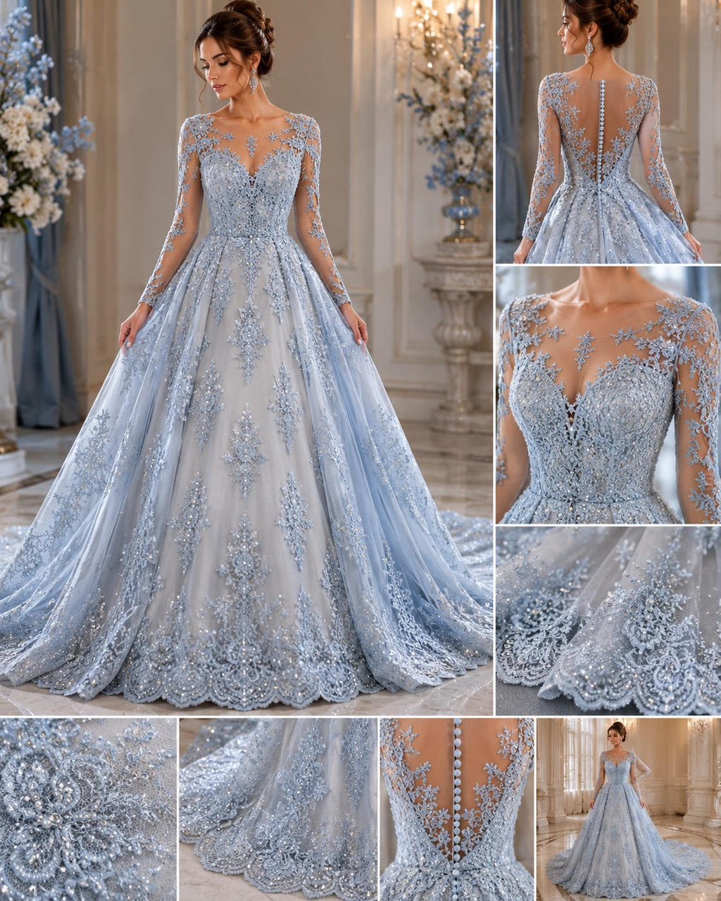 Lt Blue - Luxury Lace - Beaded Design with Embroidered Sequins and Beads On a Mesh Lace Fabric for Prom Dress By The Yard