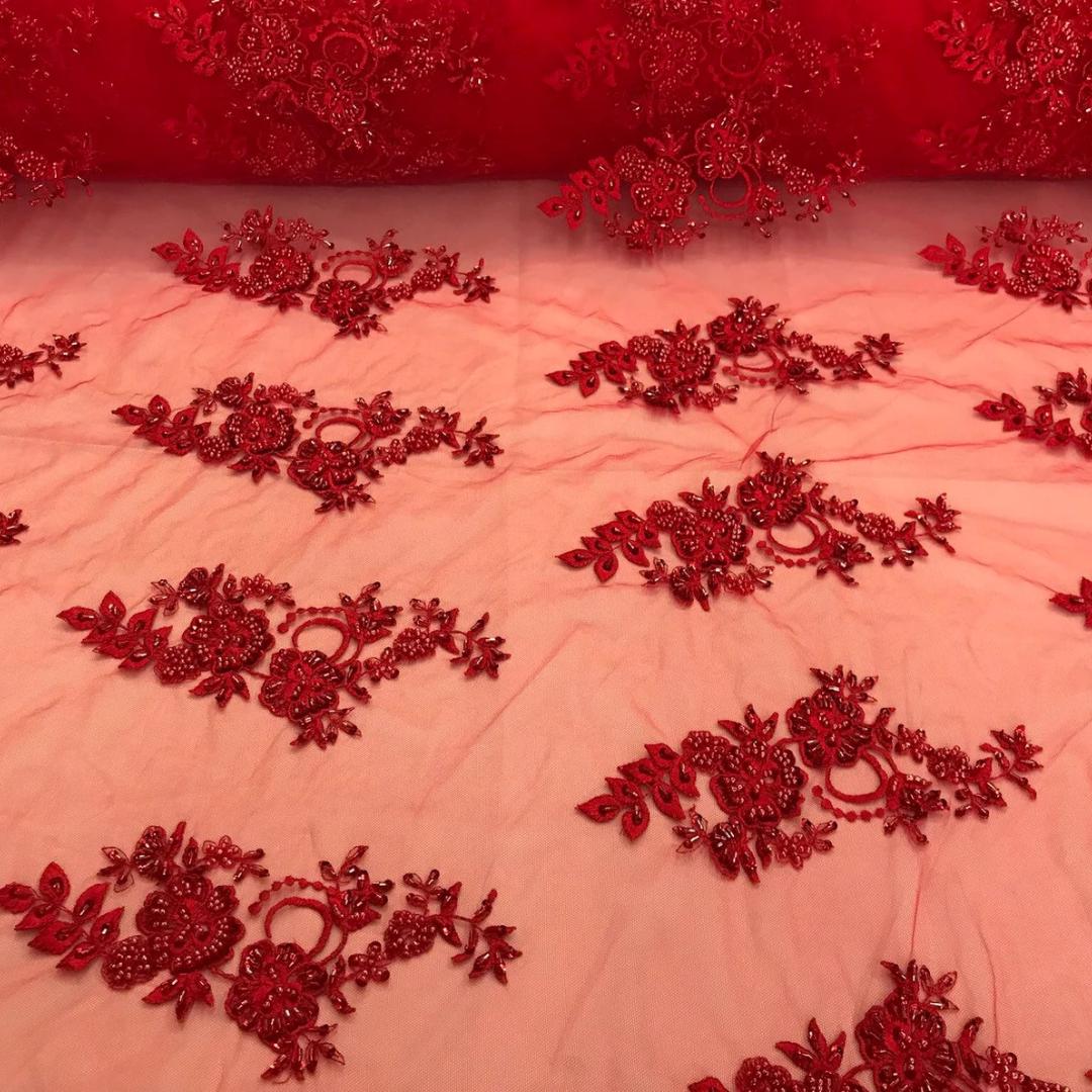 Red - Luxury Lace - Beaded Design with Embroidered Sequins and Beads On a Mesh Lace Fabric for Prom Dress By The Yard