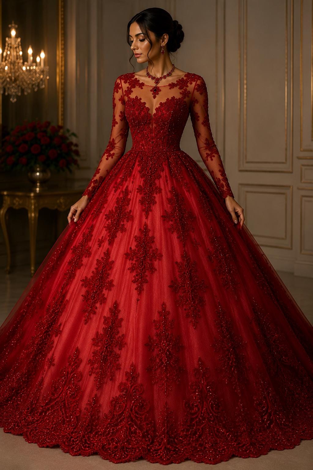 Red - Luxury Lace - Beaded Design with Embroidered Sequins and Beads On a Mesh Lace Fabric for Prom Dress By The Yard