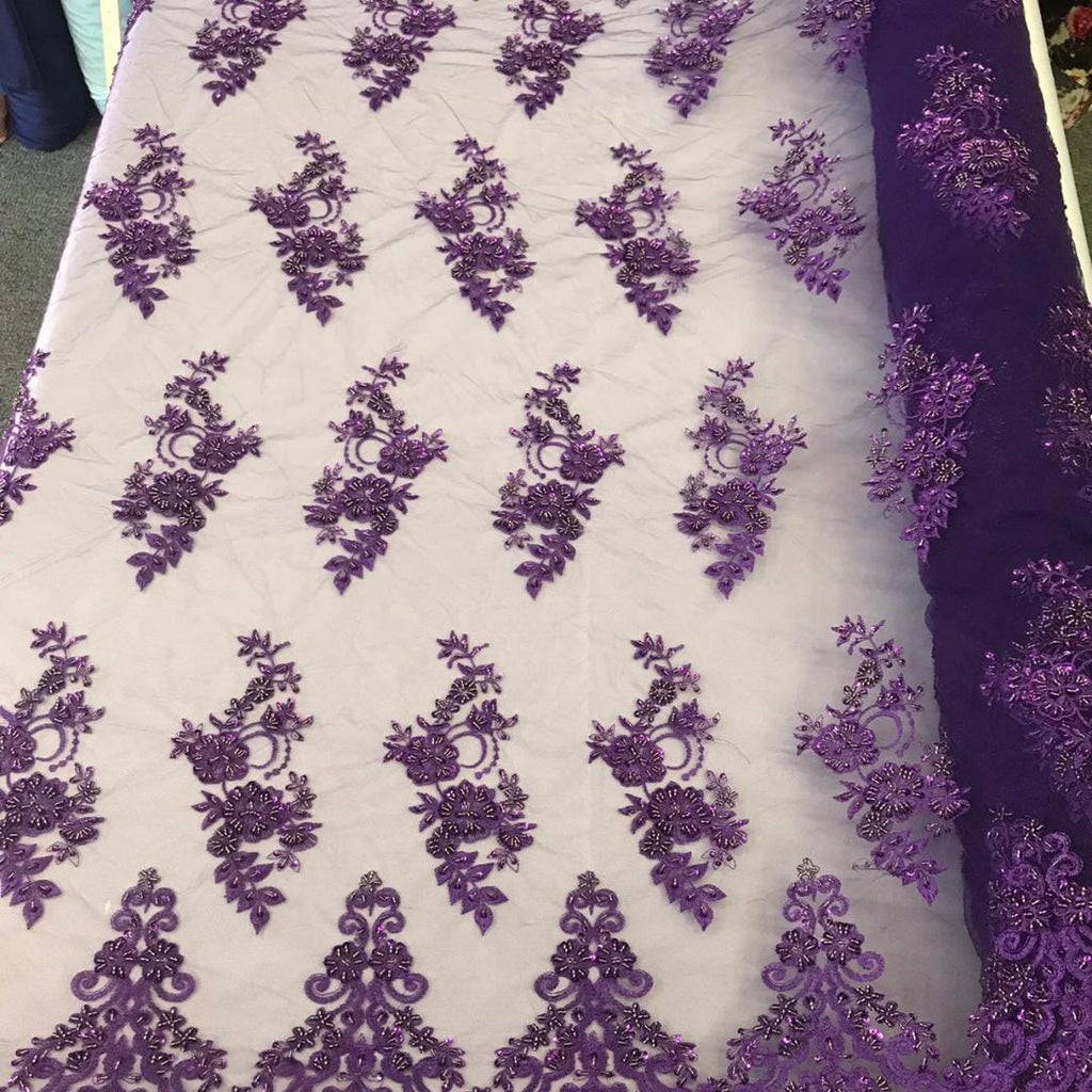 Purple - Luxury Lace - Beaded Design with Embroidered Sequins and Beads On a Mesh Lace Fabric for Prom Dress By The Yard