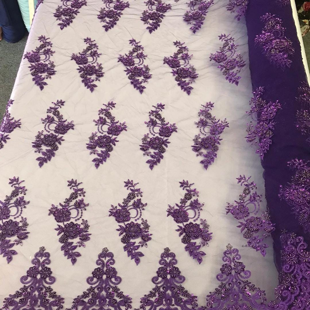 Purple - Luxury Lace - Beaded Design with Embroidered Sequins and Beads On a Mesh Lace Fabric for Prom Dress By The Yard