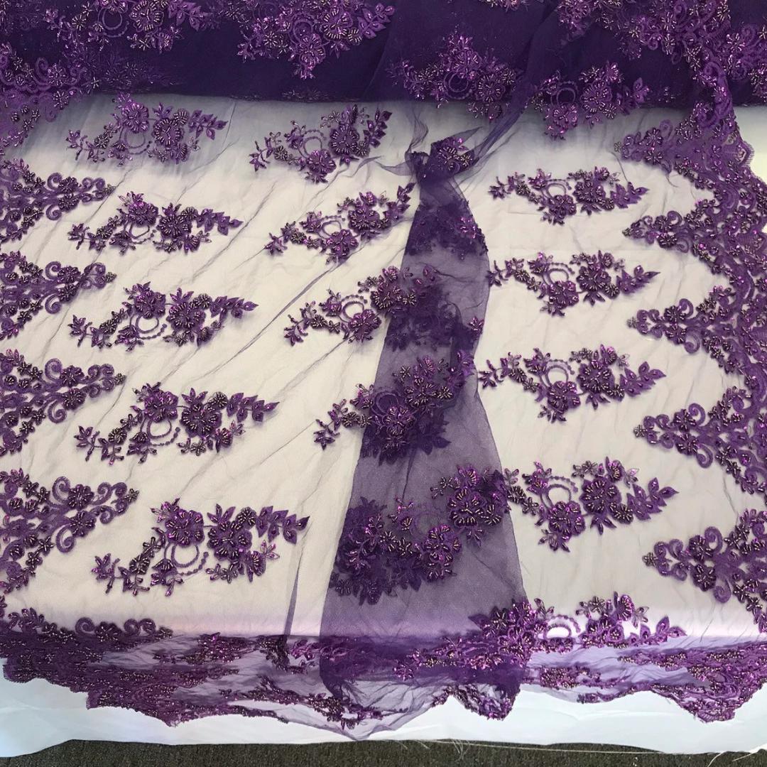 Purple - Luxury Lace - Beaded Design with Embroidered Sequins and Beads On a Mesh Lace Fabric for Prom Dress By The Yard